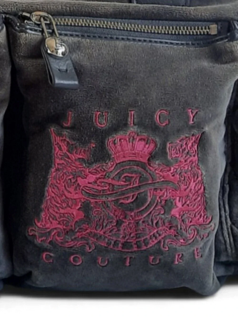 JUICY COUTURE Baby Bag Weekender Terry Velour Bib Duffle Crossbody Gray Pink Y2K